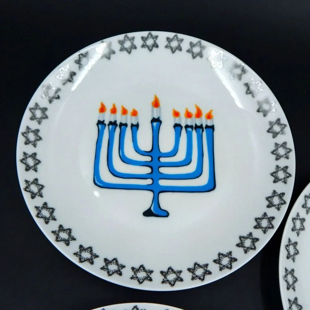 Pier 1 One Imports Hanukkah Menorah Salad Dessert Plates Star of David S/4 Dish